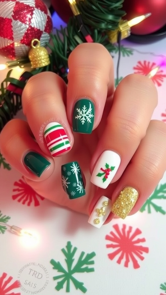 Short Christmas nail designs with festive patterns and colors on a holiday-themed background.